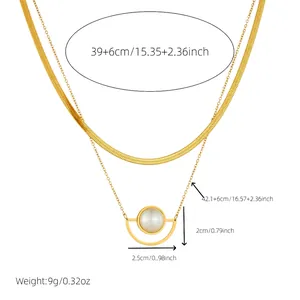 Double-layered gold-plated stainless steel chain necklace with pearl fan pendant