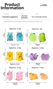 Detailed size chart for colorful resin capybara figurines with specific dimensions