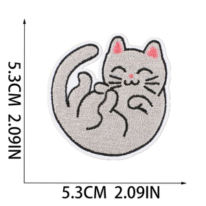 Detailed view of grey embroidered cat patch with dimensions 5.3cm shown on white background