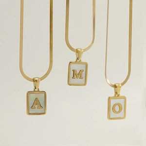 Gold rectangular shell pendant necklaces with letters A M O on flat snake chains