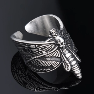Gothic punk butterfly skull open ring in vintage silver finish on black mirror base