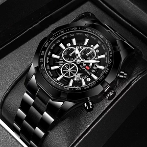 Men's fashion steel sport watch with luminous triple-dial chronograph and date display