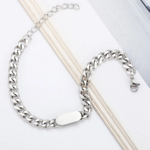 Minimalist silver titanium steel Cuban ID bracelet with oval plate and lobster clasp