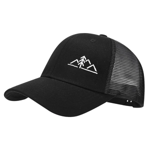 Black mesh trucker hat with mountain peak embroidery and breathable curved brim for hiking
