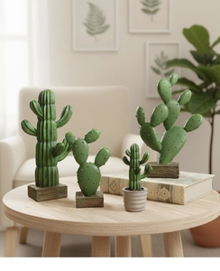 Detailed view of four resin cactus figurines with realistic texture and modern Nordic style