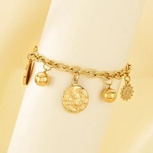 Vintage 18K gold plated stainless steel bracelet with sun and hammered disc charms