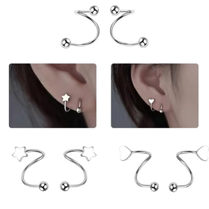Detail of S-shaped silver stud earrings with star heart and ball screw back design