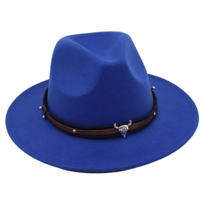 Detailed macro view of the silver bull head emblem on a dark blue felt fedora hat band