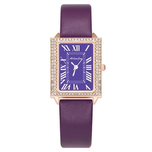 Fashion square quartz watch for women with purple leather strap and crystal bezel