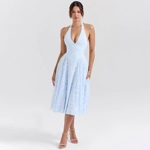Elegant light blue lace halter neck midi dress with deep V-neck and A-line silhouette