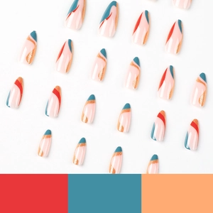 French almond press-on nails with colorful waves and glitter finish on white background