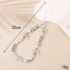 Bijou de téléphone avec perles blanches, étoiles argentées et nœud, 20cm de long et 18g