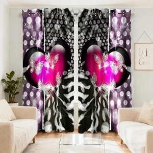 Detail view of heart and animal print velvet curtains with metal grommet eyelets