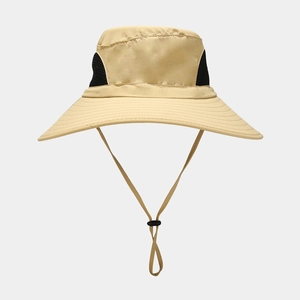 Detail of khaki sun hat featuring breathable mesh panels and adjustable chin strap