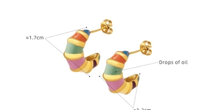Detail view of colorful enamel C-shape hoop earrings with vintage striped oil drop design