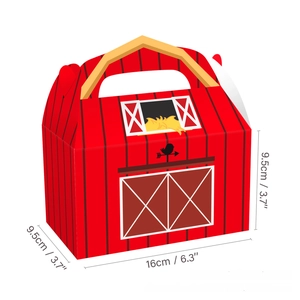 Detailed view of red barn animal party favor box with dimensions and top handle