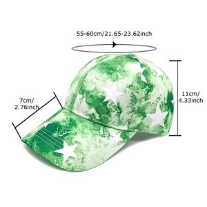 Green tie-dye star print baseball cap for outdoor sun protection shown with dimensions