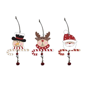 Christmas wooden hanging ornaments set with Santa, elk, snowman figures and metal bells