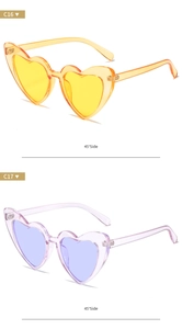 Side view of heart-shaped sunglasses in orange and lavender colors with a 45-degree angle