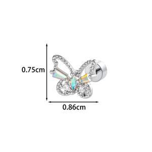 Silver butterfly stud earring with rainbow cubic zirconia and dimensions 0.75x0.86cm