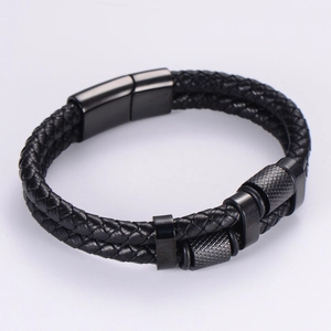 Double-layer black braided leather bracelet for men with vacuum-plated 18K gold metal clasp