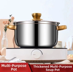 Detail of multi-purpose thickened stainless steel pot with gold handles on induction cooker