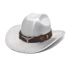 Chapeau De Cowboy Occidental Métallique Brillant À Bord Large Avec Bande En Similicuir Et Boucle Tête De Taureau