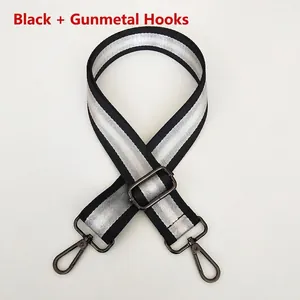 Detail of 3.8cm striped nylon strap with gunmetal swivel hooks and adjustable buckle
