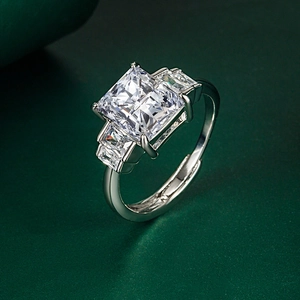 Luxury silver adjustable ring featuring a large square pink zircon stone and side diamonds