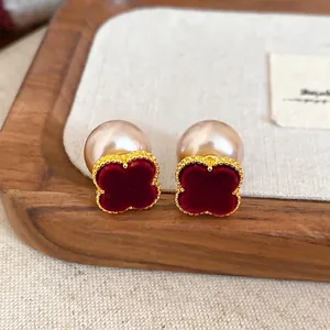 Retro red flocked flower earrings with champagne pearls and golden beaded edges