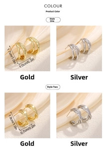 Detailed size comparison of gold and silver geometric C-shape stud earrings for women
