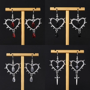 Gothic thorn heart earrings set with red black and clear crystal drops in punk style