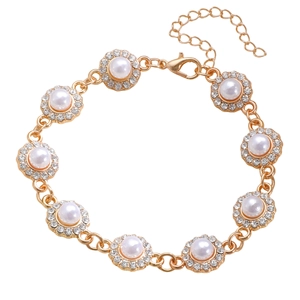 Elegante bracciale di perle dorate con fiori di cristallo e chiusura regolabile