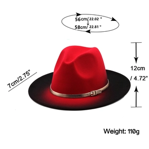 Red and black gradient felt fedora jazz hat with gold buckle band for men and women