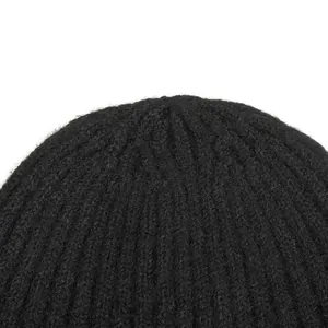 Black wool blend knit beanie for women featuring a warm ribbed texture and soft finish