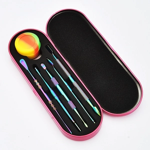 Rainbow titanium wax tool set in a pink metal case with stainless steel scrapers and spoons