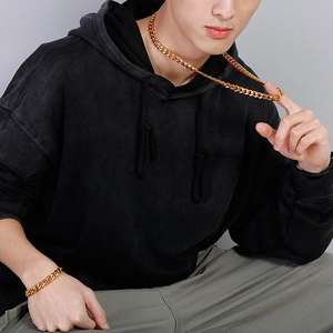 Men's 18K gold plated Cuban link chain necklace and bracelet set on male model