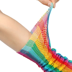 Detail showing the high elasticity and rainbow mesh texture of long fishnet gloves