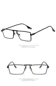 Detail view of lightweight black square metal frame glasses with transparent lenses