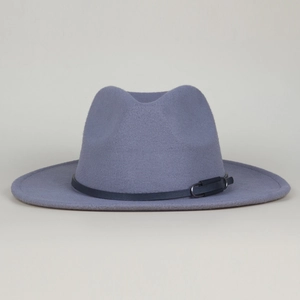 Vintage lavender wool felt fedora with flat brim and black leather buckle strap for men