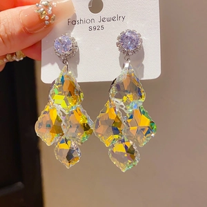 Iridescent glass drop earrings with S925 silver needles and multi-faceted crystal design