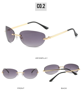 Detailed multi-angle views of rimless cat-eye sunglasses with purple gradient lenses