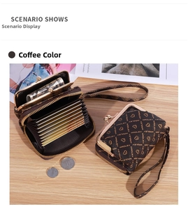 Detail of coffee leather wallet with multiple card slots and metal coin compartment