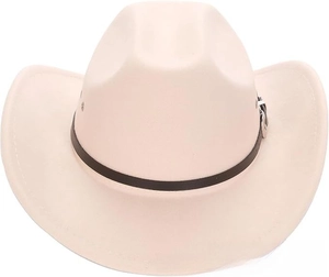 Detail of western cowboy hat featuring cream felt texture and brown leather strap buckle