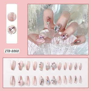 Detailed pink press-on nails with rhinestones, bows and heart-shaped gems, set ZTD-0060