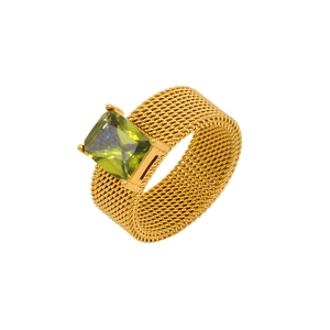 Gold mesh textured titanium steel ring featuring a square-cut green zircon gemstone