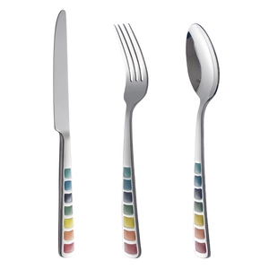 Stainless steel cutlery set with colorful mosaic handles including knife, fork and spoon