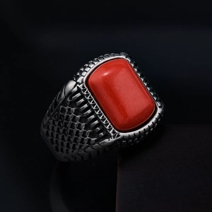 Vintage stainless steel ring for men featuring a red rectangle stone and engraved sides
