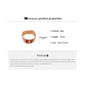 Detail view of red and gold enamel alloy bracelet with dimensions and 66.1g weight info