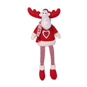 Peluche de renne de Noël avec longues jambes rayées et broderie cœur sur fond blanc